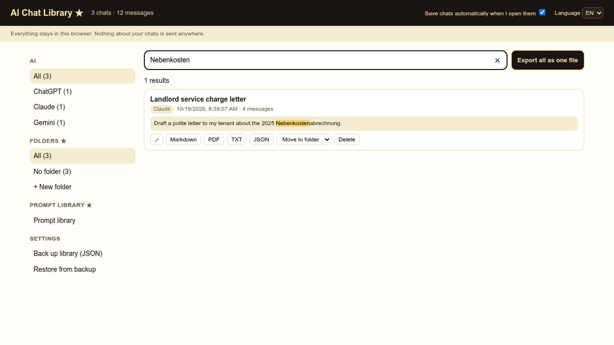 One search across ChatGPT, Claude and Gemini chats in AI Chat Library