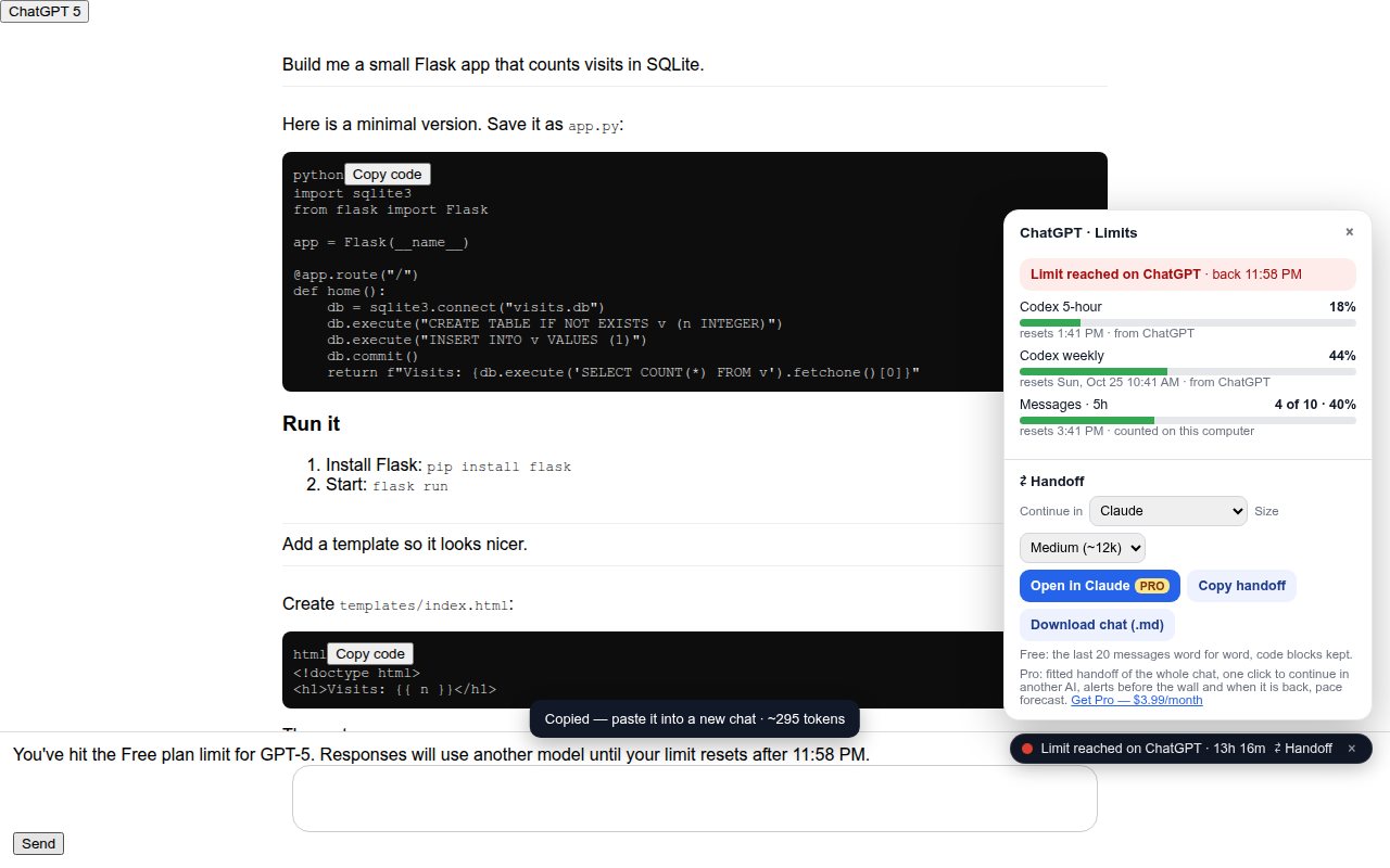ChatGPT limit reached: the meter shows when it comes back and offers to continue in Claude