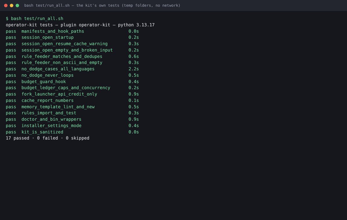 Terminal: bash test/run_all.sh — 17 passed, 0 failed.