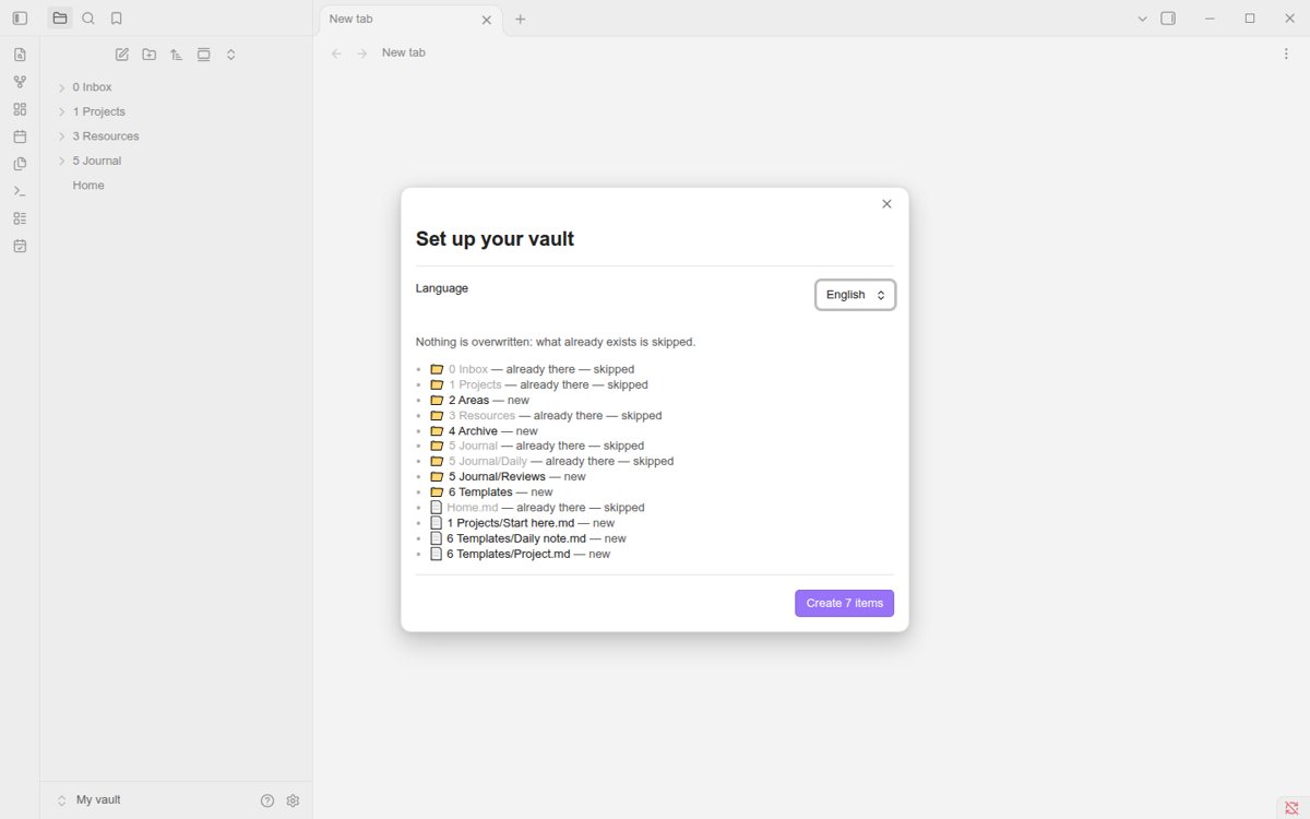 Obsidian: the Set up your vault window lists 0 Inbox, 1 Projects, 3 Resources and Home.md as already there — skipped, and 2 Areas, 4 Archive and the journal folders as new.