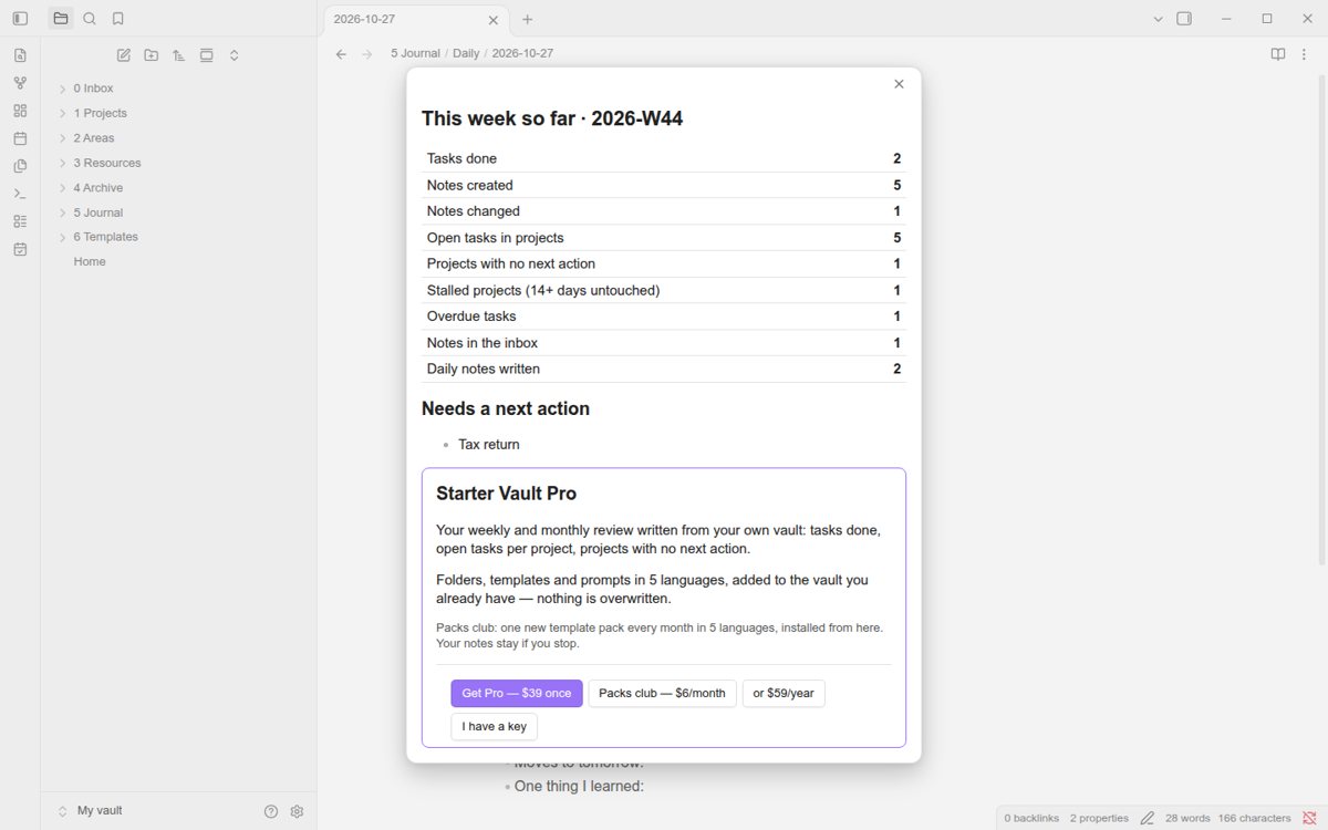 Obsidian: This week so far 2026-W44 — tasks done, notes created, open tasks in projects, projects with no next action, stalled projects, overdue tasks, notes in the inbox, daily notes written.