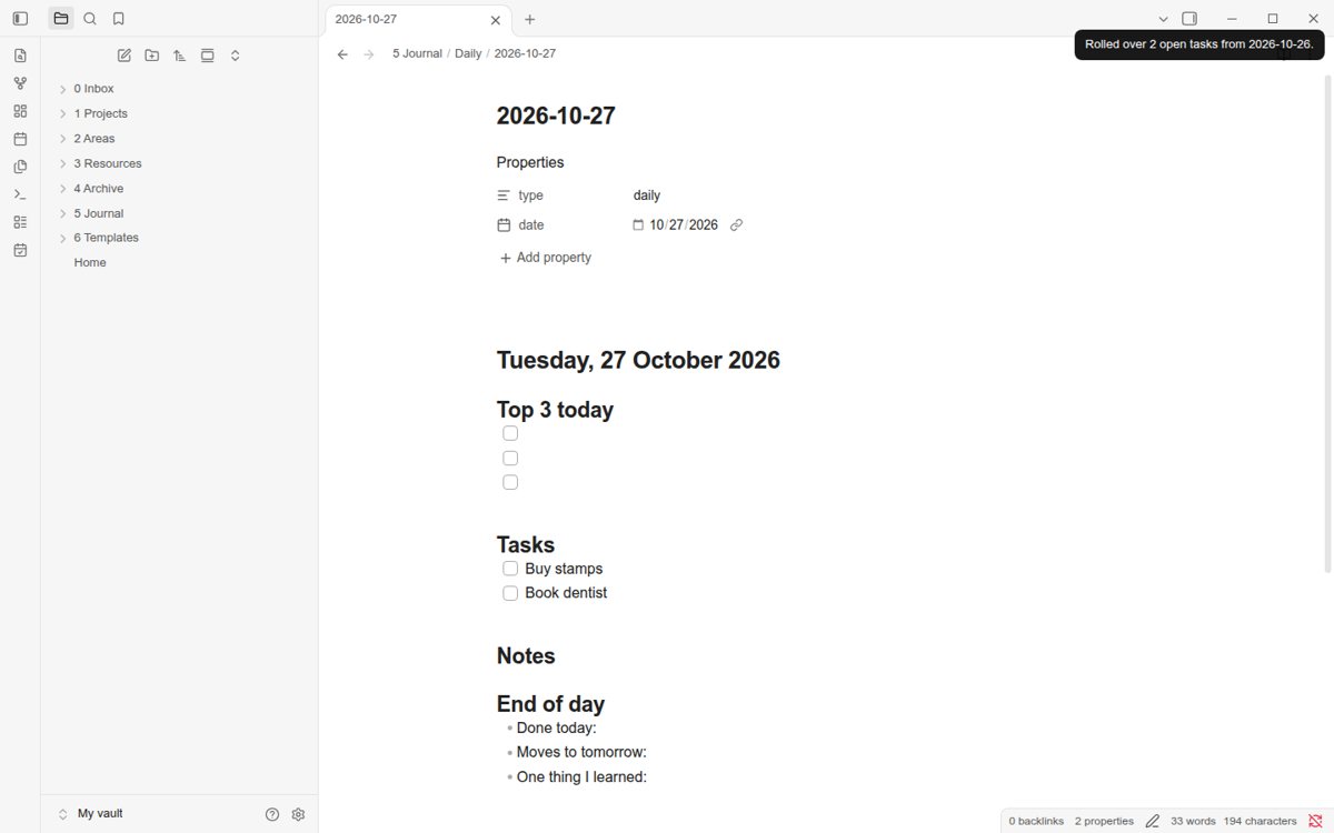 Obsidian: today's daily note with yesterday's open tasks Buy stamps and Book dentist under Tasks.