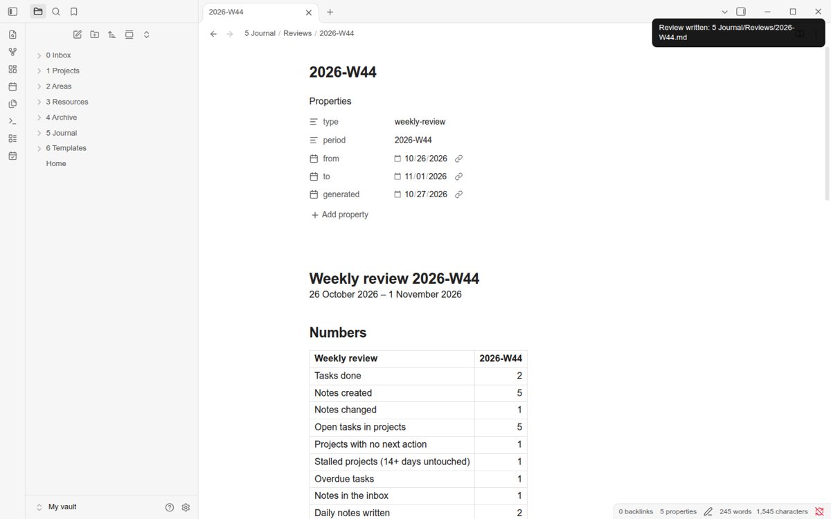 Obsidian: the note 5 Journal/Reviews/2026-W44 with a Numbers table written by the plugin.