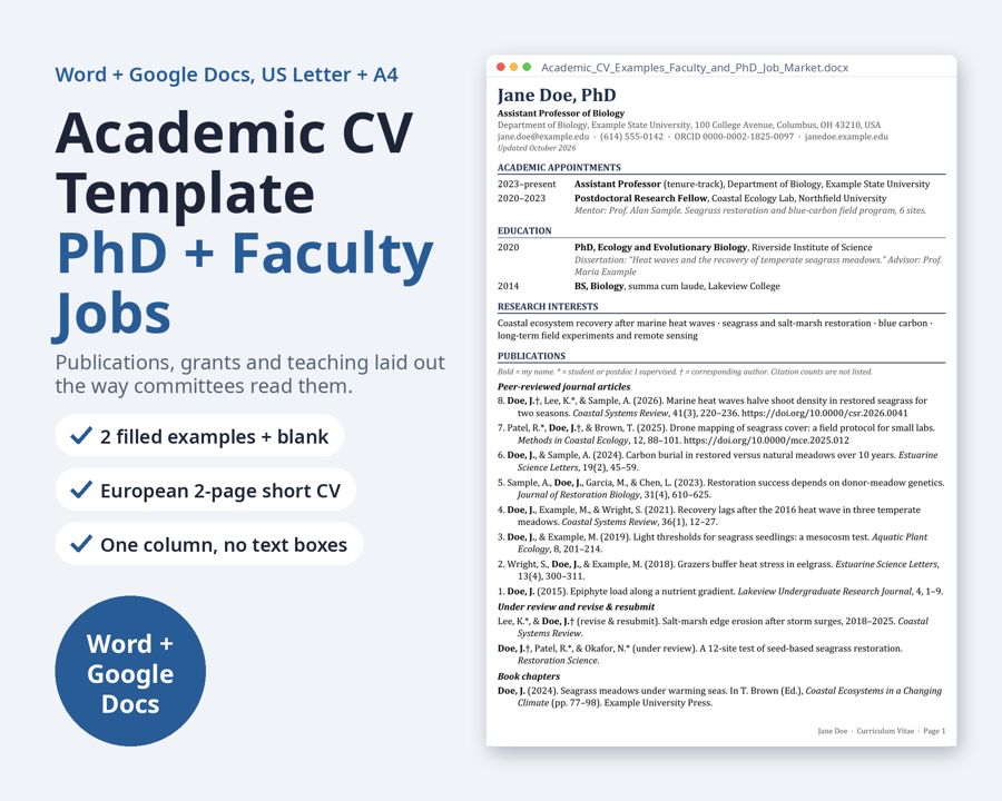 Academic CV Template for PhD & Faculty Jobs — Preview 1