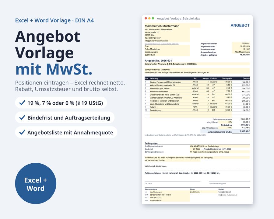 Angebot Vorlage Excel Word mit MwSt. — Vorschau 1
