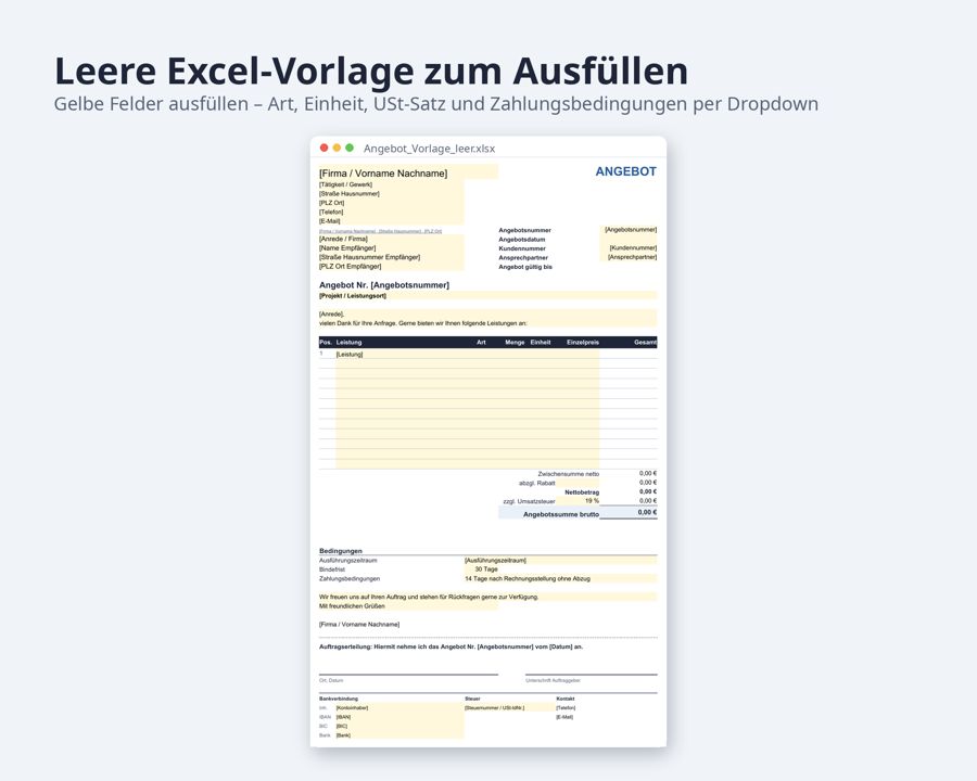 Angebot Vorlage Excel Word mit MwSt. — Vorschau 3