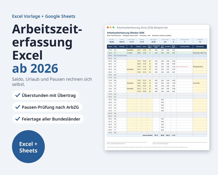 Arbeitszeiterfassung Excel, Überstunden + Urlaub — Vorschau 1