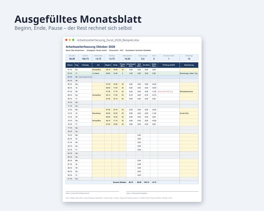 Arbeitszeiterfassung Excel, Überstunden + Urlaub — Vorschau 2