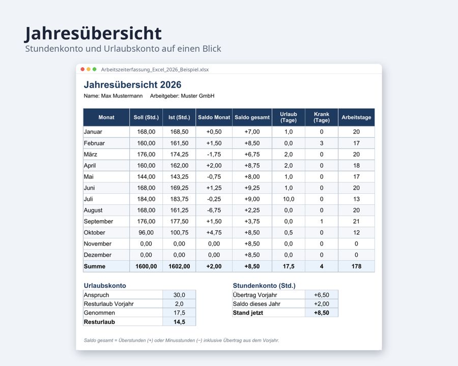 Arbeitszeiterfassung Excel, Überstunden + Urlaub — Vorschau 3