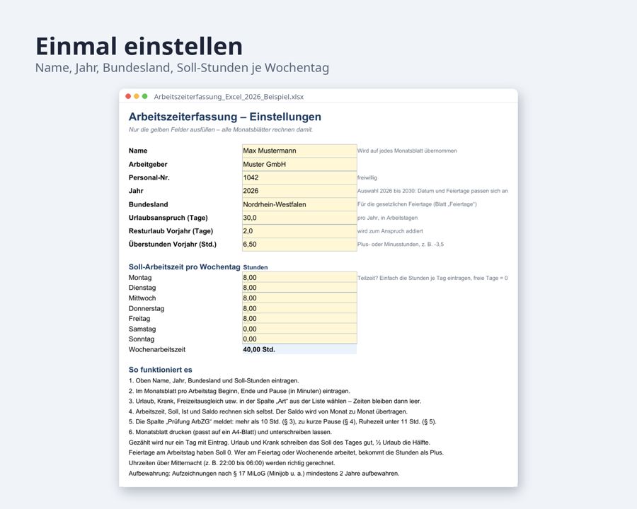 Arbeitszeiterfassung Excel, Überstunden + Urlaub — Vorschau 4