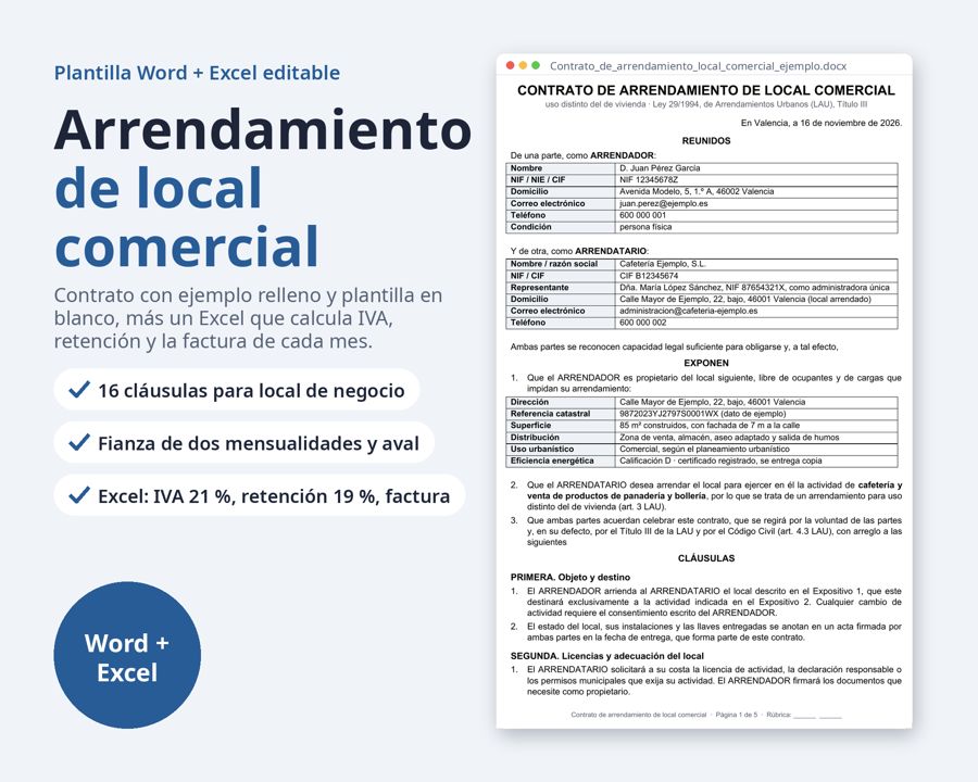 Arrendamiento de local comercial, contrato Word + Excel — Vista previa 1
