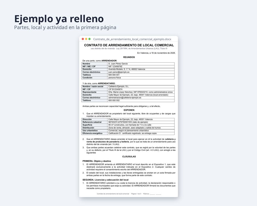 Arrendamiento de local comercial, contrato Word + Excel — Vista previa 2