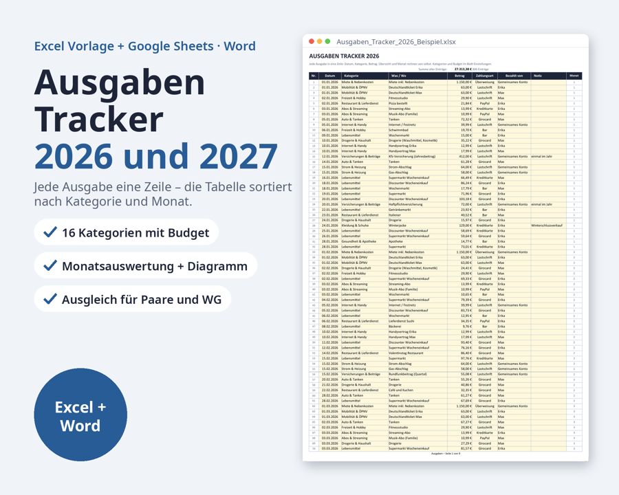 Ausgaben Tracker Excel 2026 2027 — Vorschau 1