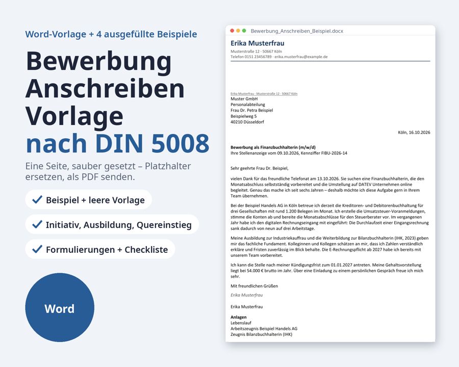 Bewerbung Anschreiben Vorlage Word, DIN 5008 — Vorschau 1