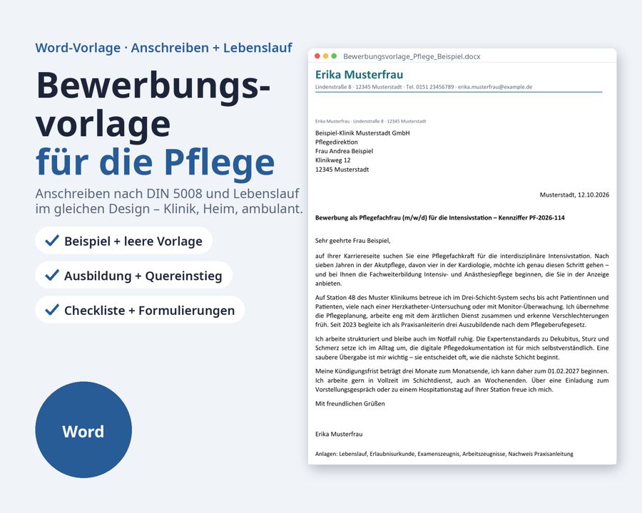 Bewerbungsvorlage Pflege Word, Lebenslauf + Anschreiben — Vorschau 1