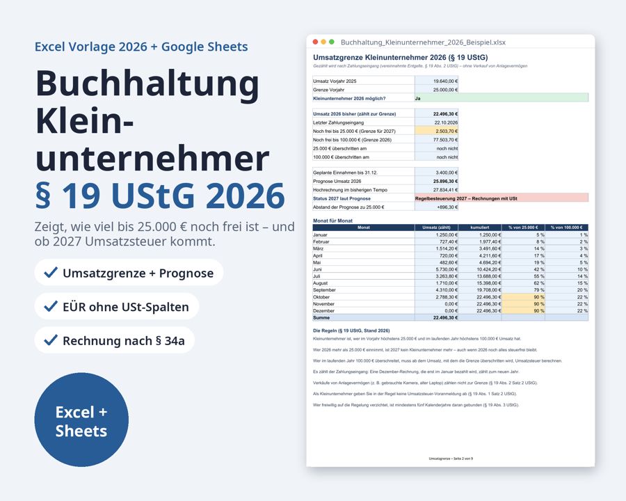 Buchhaltung Kleinunternehmer 2026 Excel § 19 UStG — Vorschau 1