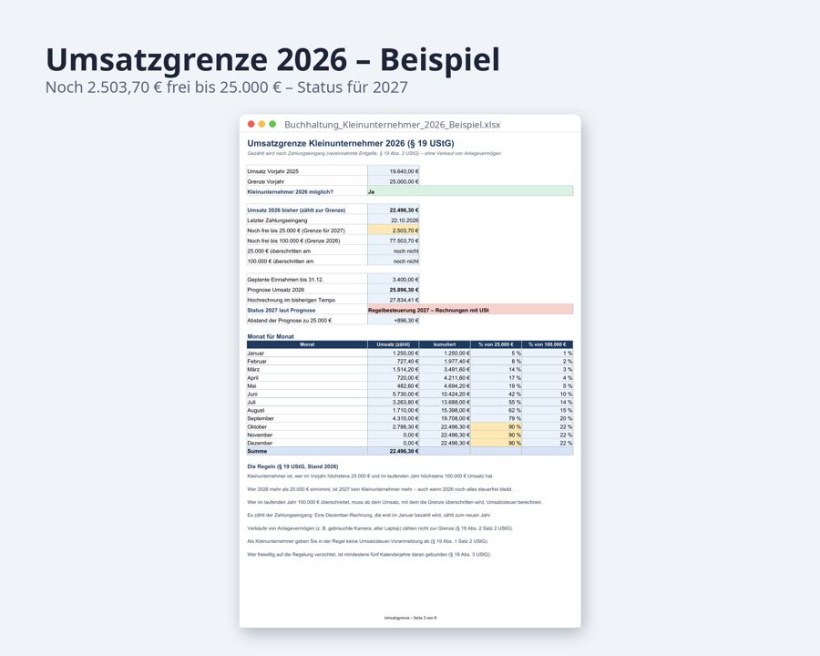 Buchhaltung Kleinunternehmer 2026 Excel § 19 UStG — Vorschau 2