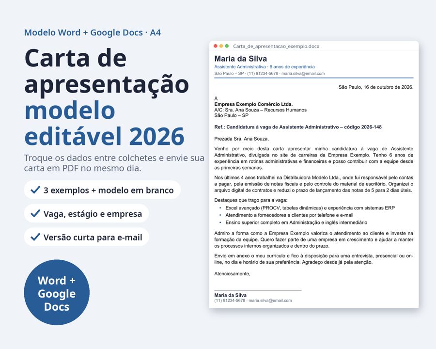 Carta de apresentação modelo editável Word — Prévia 1