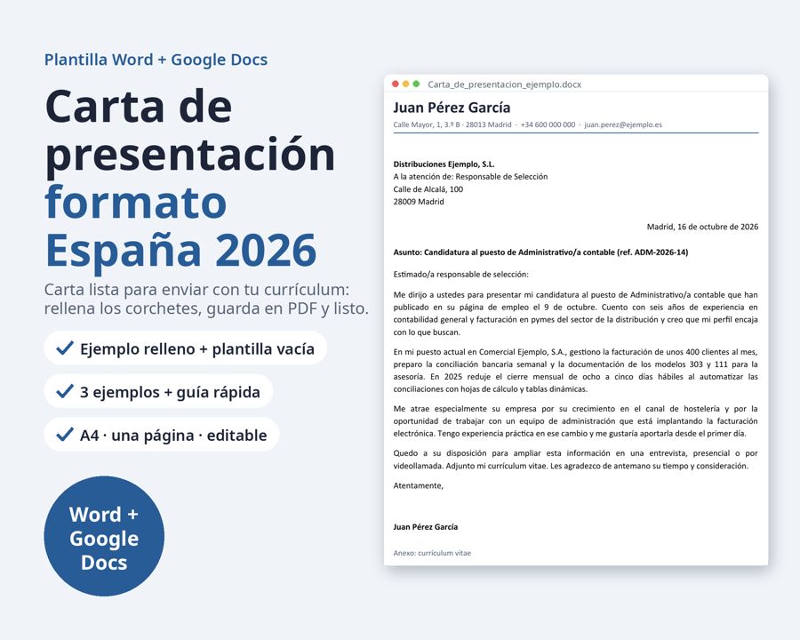 Carta de presentación Word 2026 formato España — Vista previa 1