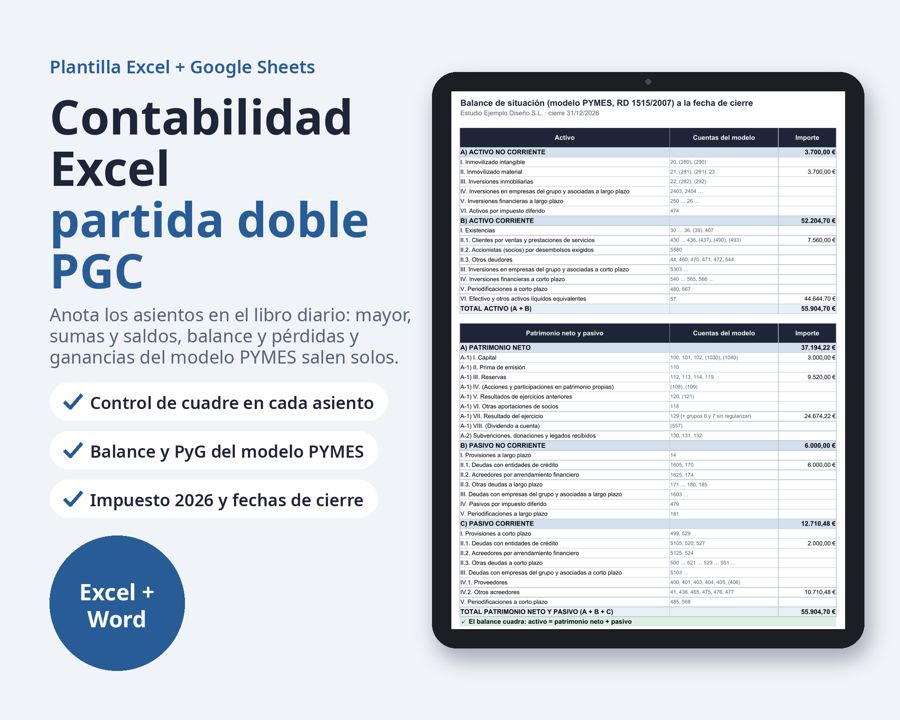 Contabilidad Excel por partida doble PGC Pymes — Vista previa 1