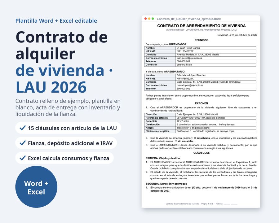 Contrato de alquiler de vivienda Word, LAU 2026 — Vista previa 1