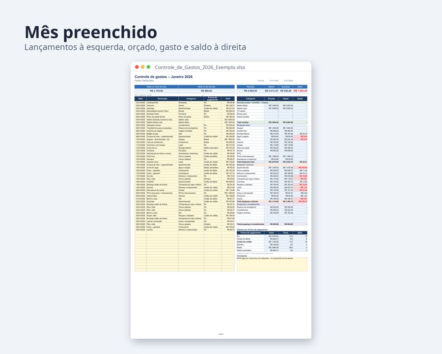 Controle de gastos planilha Excel 2026 — Prévia 2