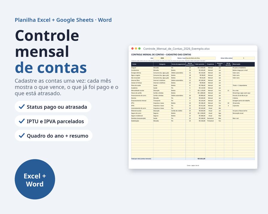 Controle mensal de contas a pagar planilha Excel 2026 2027 — Prévia 1