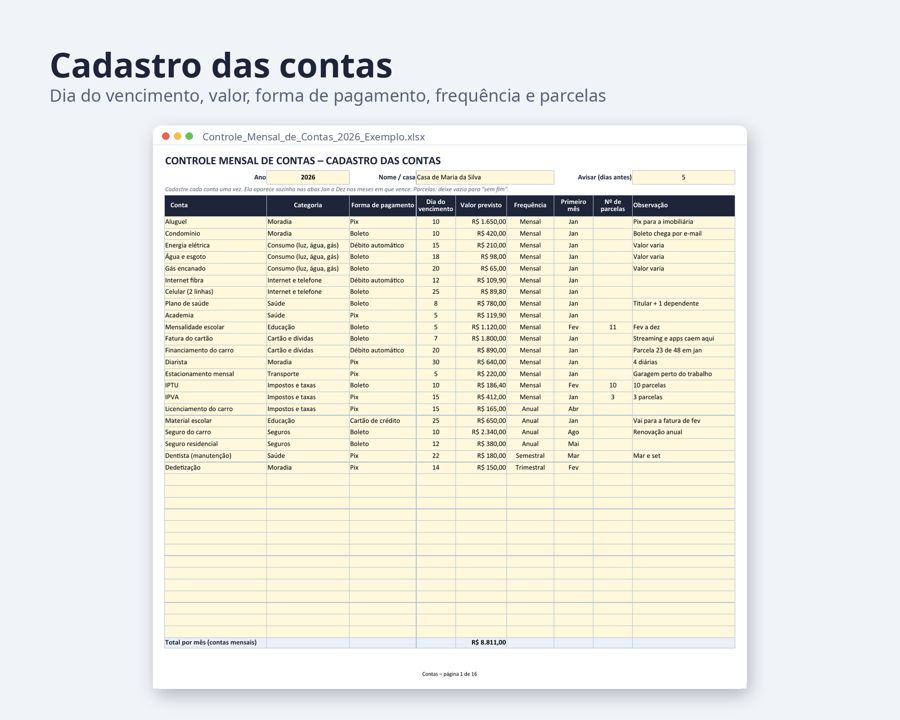 Controle mensal de contas a pagar planilha Excel 2026 2027 — Prévia 2