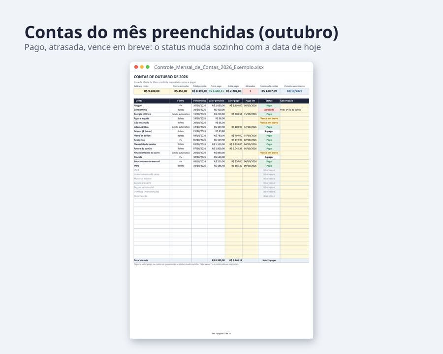 Controle mensal de contas a pagar planilha Excel 2026 2027 — Prévia 3