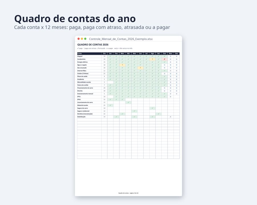 Controle mensal de contas a pagar planilha Excel 2026 2027 — Prévia 4