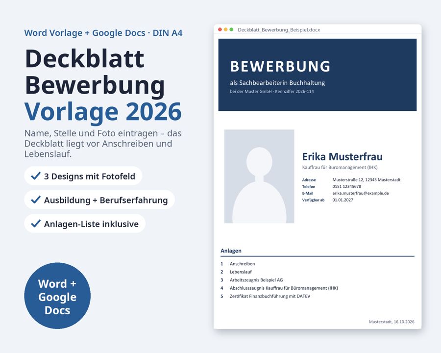 Deckblatt Bewerbung Vorlage Word mit Foto — Vorschau 1