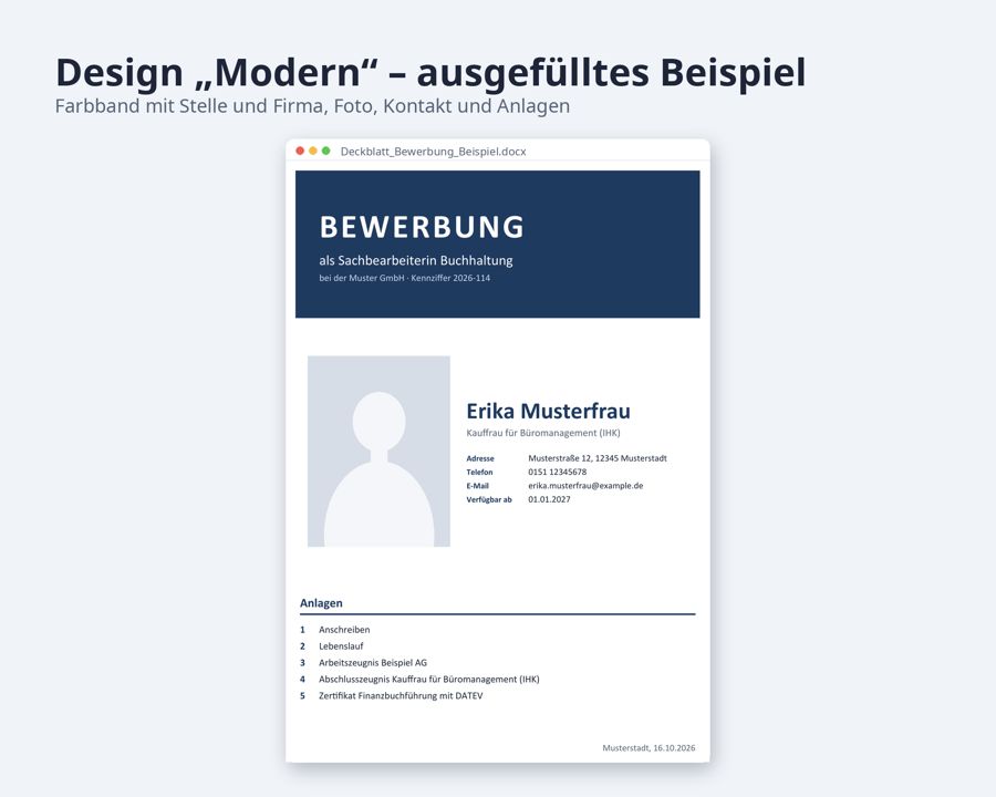 Deckblatt Bewerbung Vorlage Word mit Foto — Vorschau 2