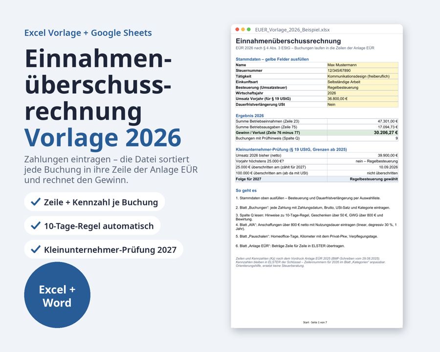 Einnahmenüberschussrechnung Vorlage 2026 Excel, Selbstständige — Vorschau 1
