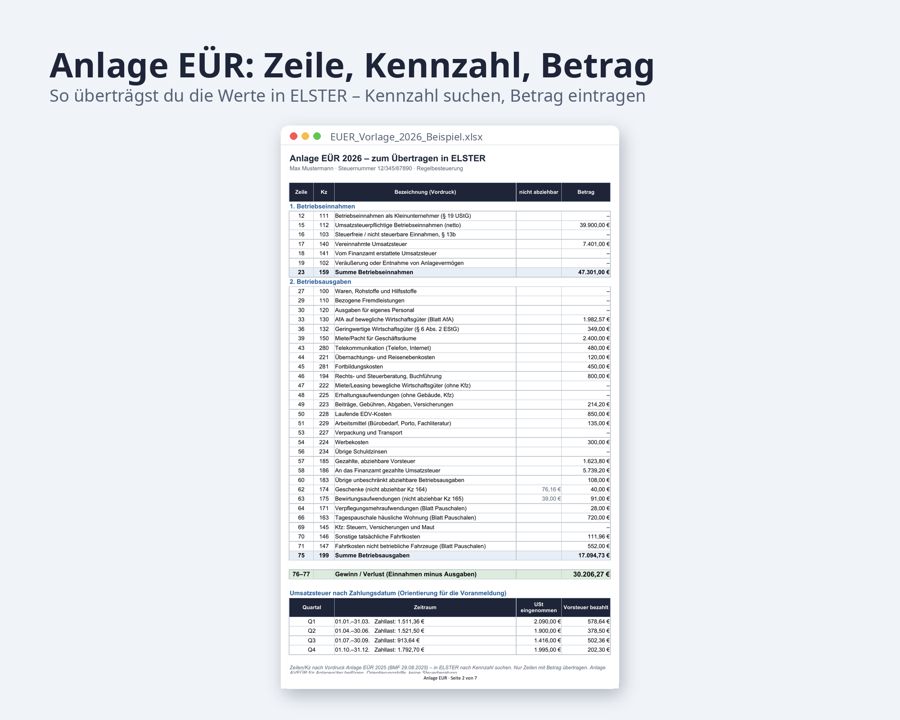 Einnahmenüberschussrechnung Vorlage 2026 Excel, Selbstständige — Vorschau 3