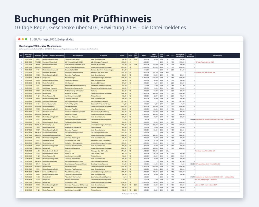 Einnahmenüberschussrechnung Vorlage 2026 Excel, Selbstständige — Vorschau 4