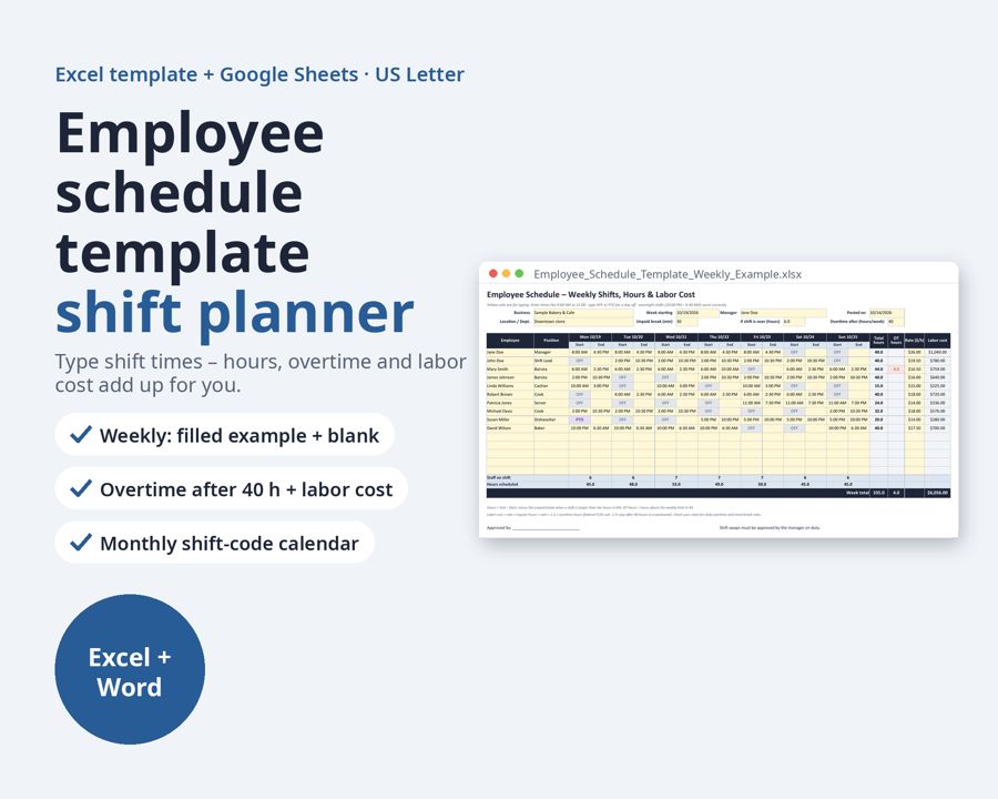 Employee Schedule Template Excel, Weekly & Monthly — Preview 1