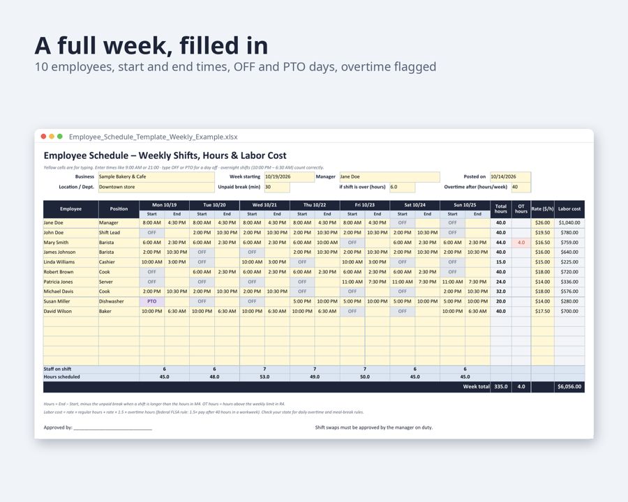 Employee Schedule Template Excel, Weekly & Monthly — Preview 2