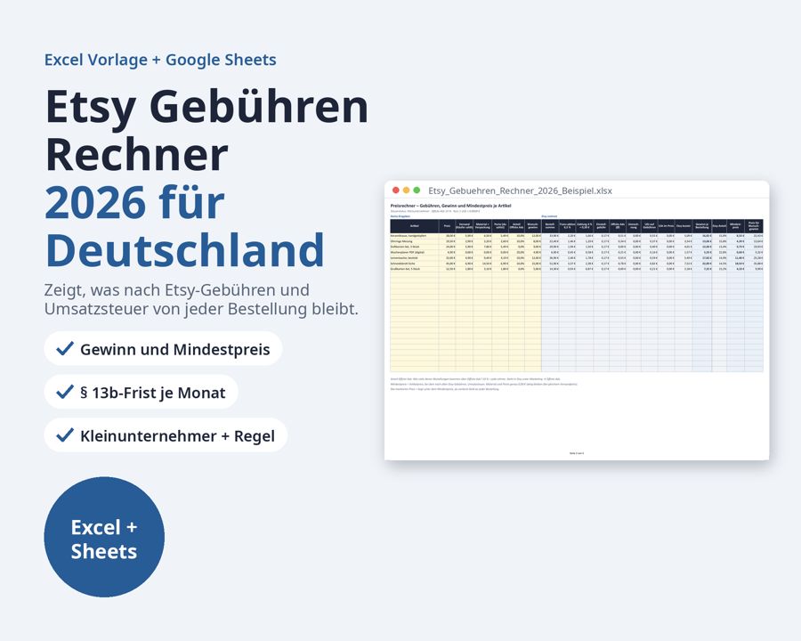 Etsy Gebühren Rechner 2026 Excel — Vorschau 1