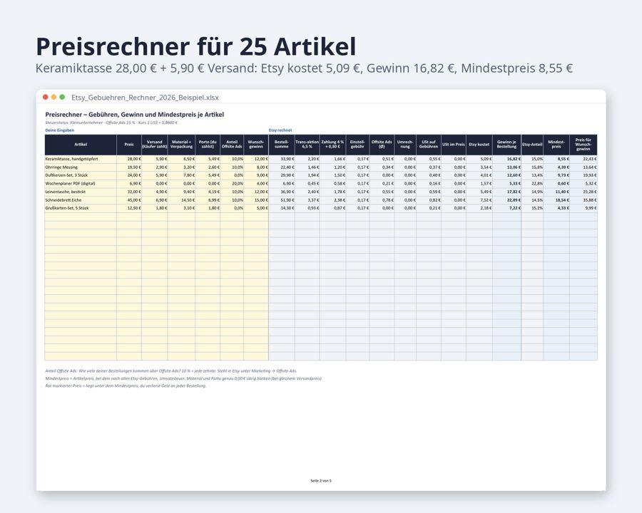 Etsy Gebühren Rechner 2026 Excel — Vorschau 2