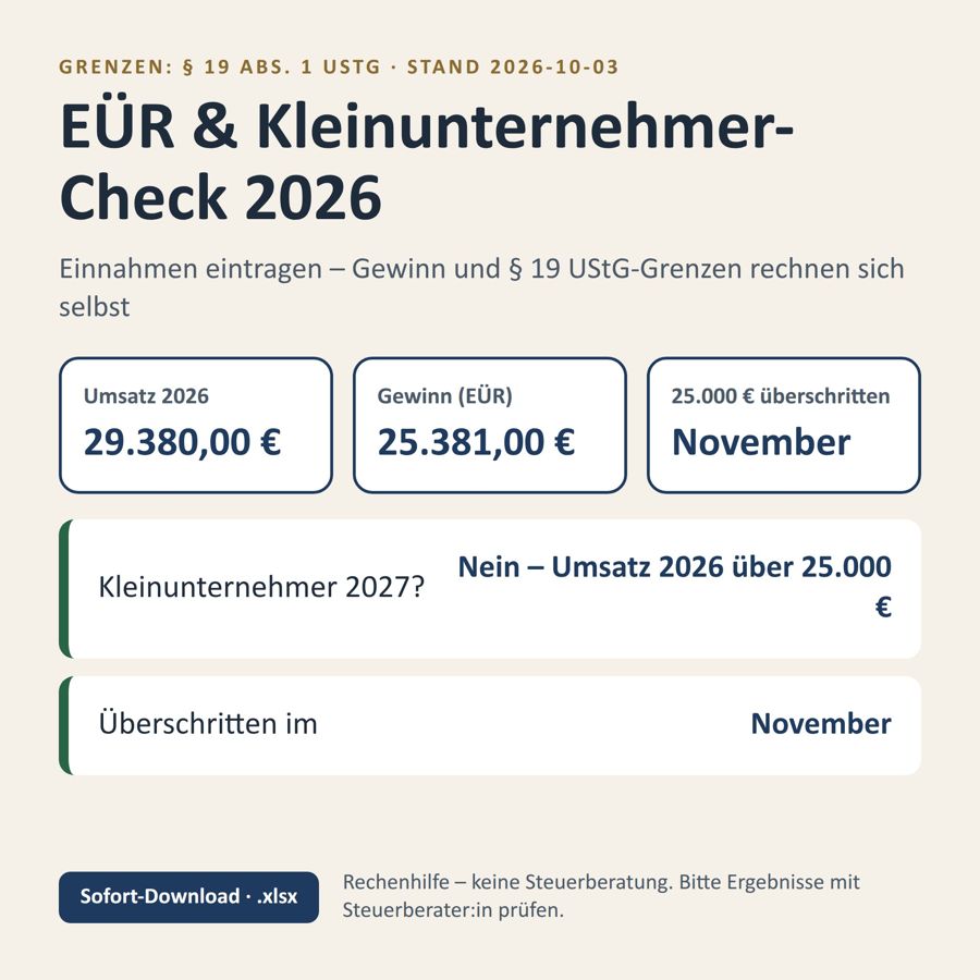 EÜR Excel Vorlage 2026 Kleinunternehmer — Vorschau 1
