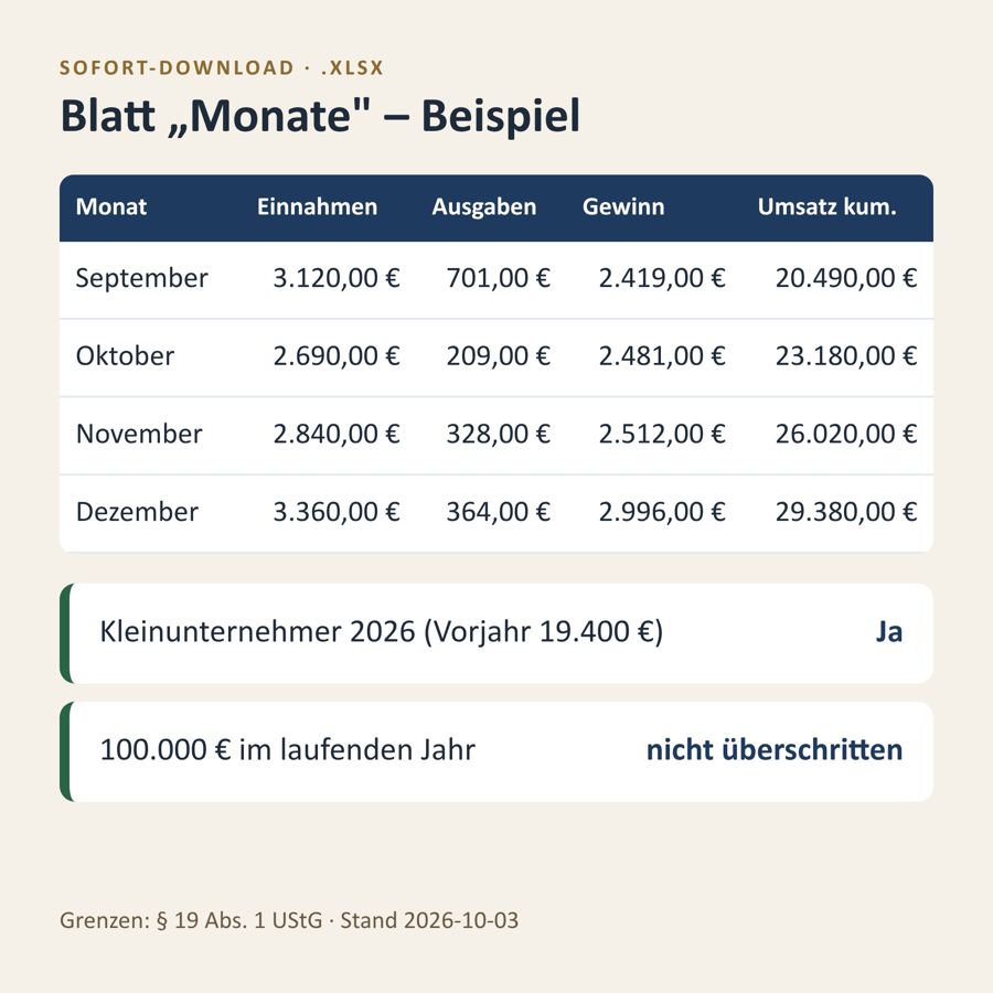 EÜR Excel Vorlage 2026 Kleinunternehmer — Vorschau 2