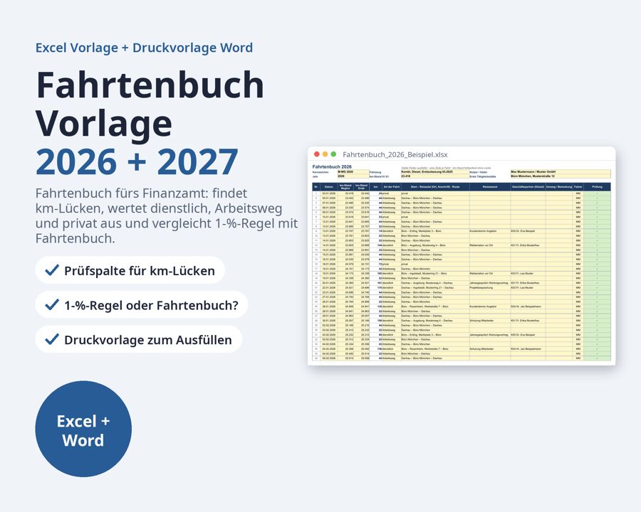 Fahrtenbuch Vorlage Excel 2026 2027 — Vorschau 1
