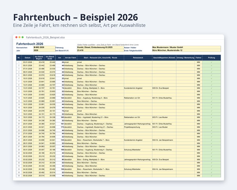 Fahrtenbuch Vorlage Excel 2026 2027 — Vorschau 2