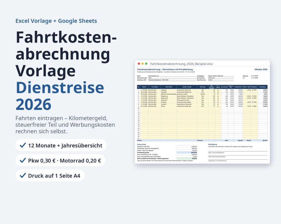 Fahrtkostenabrechnung Vorlage 2026 Excel — Vorschau 1