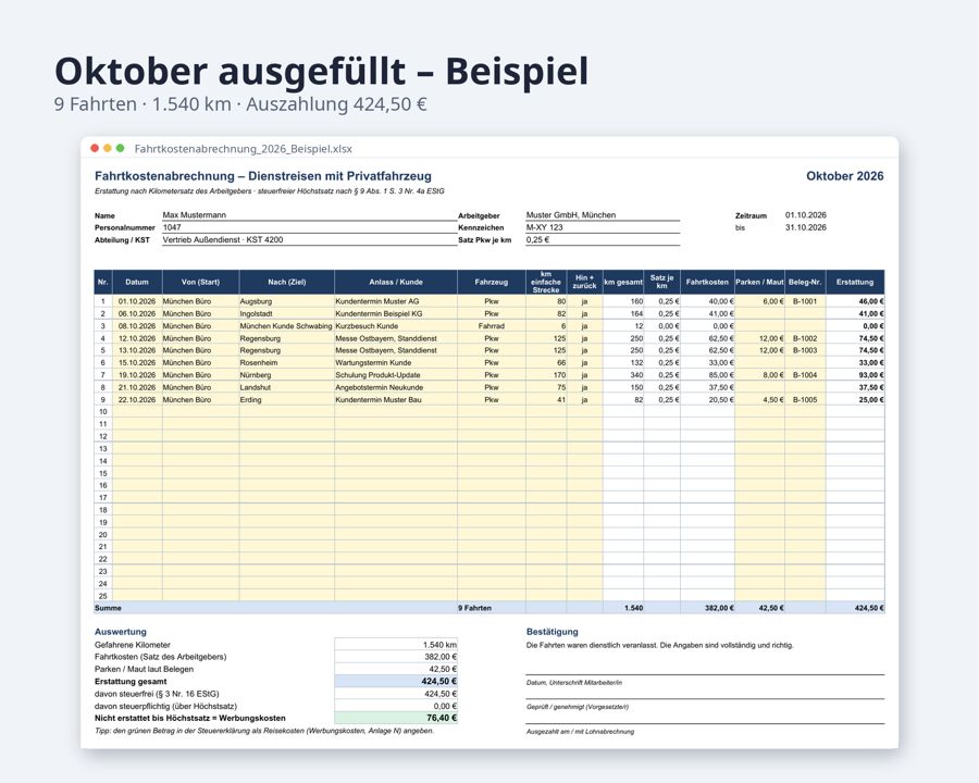 Fahrtkostenabrechnung Vorlage 2026 Excel — Vorschau 2