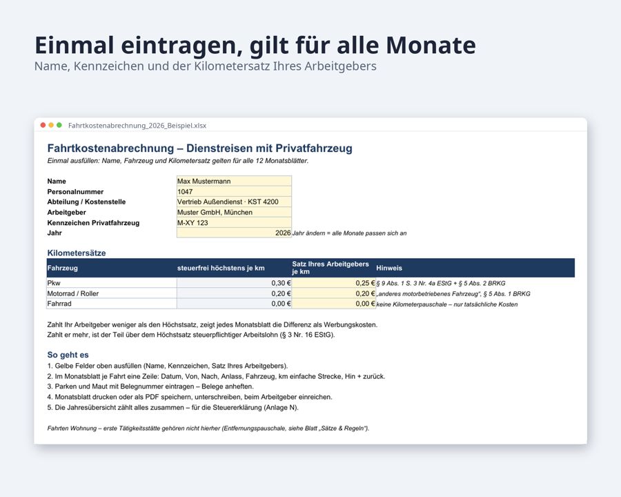 Fahrtkostenabrechnung Vorlage 2026 Excel — Vorschau 4