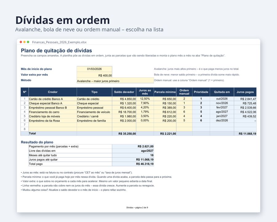 Finanças pessoais planilha 2026 — Prévia 4