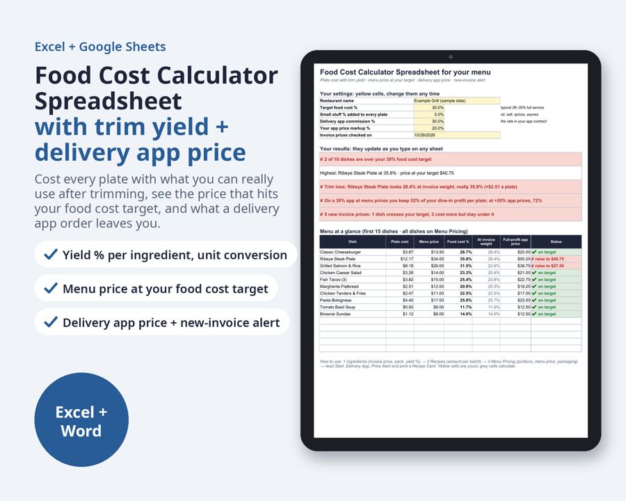 Food Cost Calculator Spreadsheet with Yield — Preview 1