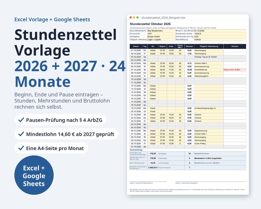 Arbeitszeit Paket 2026 2027 Excel — Vorschau 3