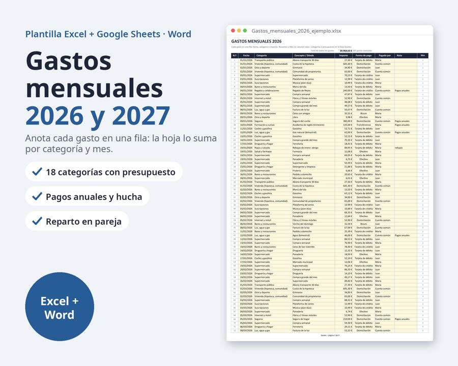 Gastos mensuales plantilla Excel 2026 2027 — Vista previa 1